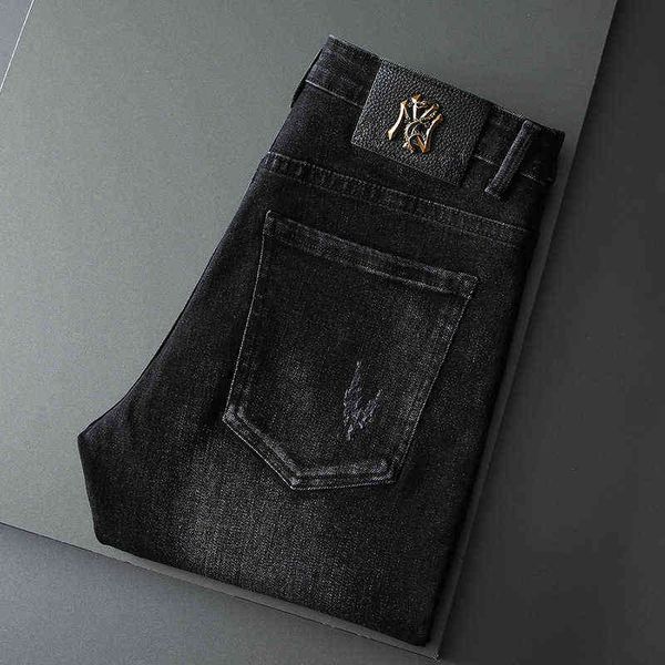 

jeans autumn men's slim fit little feet international special korean embroidery tide brand spider, Blue