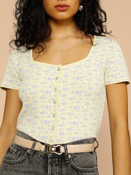 

women's blouses & shirts floral jacquard women knitted sweater blouse 2021 spring/summer short sleeve single-breasted knitwear ladies s, White