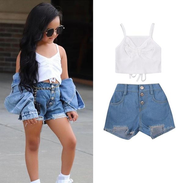 

toddler girl summer clothes set fashion kids girls 1-6y solid strapless bow vest denim shorts clothing sets, White