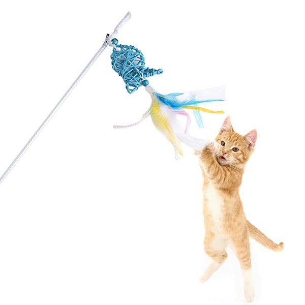 

cat toys teaser wand rattan fish shape play toy kitten turkey feather interactive stick for cats