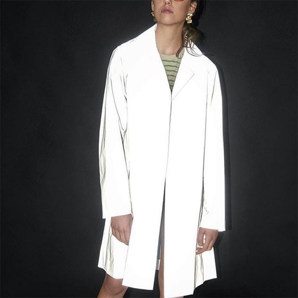 

omsj flash reflective streetwear female outwear coat solid women autumn turn-down collar jacket club loose long windbreaker 210517, Tan;black