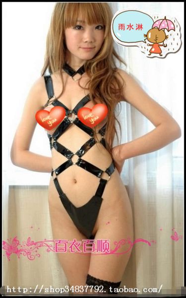 

imitation metal chain suit (pv) lacquered leather underwear, Black;white
