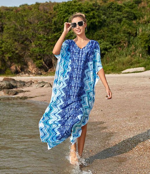 

women's swimwear bohemian print beach cover up oversized robe blue side split holiday long women v neck summer pareos hxze, White;black
