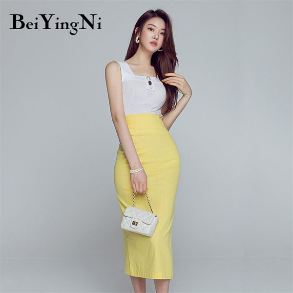

two piece set women club skinny cropped female office ladies skirts midi vintage casual tshirts women's suit 210506, White