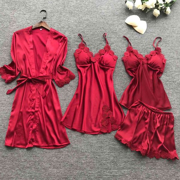 

pajama set for women luxury satin sleepwear embroidery flowers home wear 4 pieces pyjamas vest+coat+shorts silk nightwear 210708, Black;red