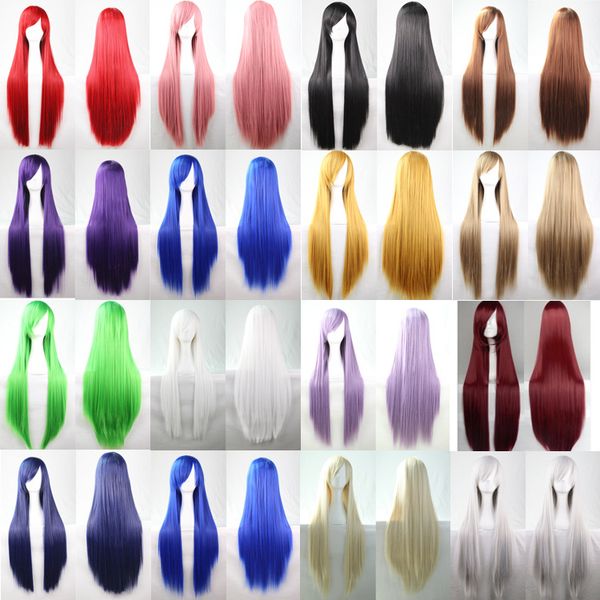 80 cm cabelo reto sintético perucas para mulheres cosplay peruca louro azul vermelho rosa cinza roxo para o presente humano do presente do Natal do Dia das Bruxas