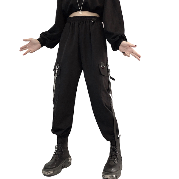 

women's spring and autumn thin high-waisted black pants hip hop harajuku streetwear female casual loose fashion cool overalls & capris, Black;white