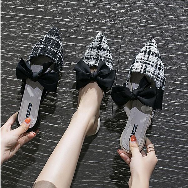 

slippers mixed color mules pointed toe bowknot low heels woman shoes gingham slides femme casual cut out flip flops footwear, Black