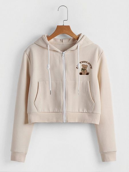 

letter & bear print drawstring zipper thermal hoodie m0ol#, White;black