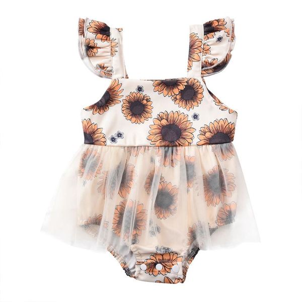 

breathable infant sleeve romper summer baby girls sweet style sunflower printing mesh splicing jumpsuit for travel vacation rompers, Blue