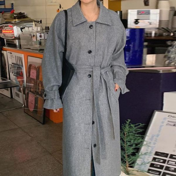 

women's wool & blends [ewq] korea autumn winter elegant temperament lapel double pocket lace up waist warm long sleeve woolen coat wome, Black