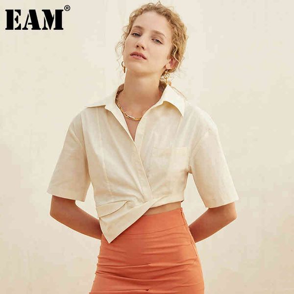

[eam] women beige irregular knot short blouse lapel short sleeve loose fit shirt fashion spring summer 1dd8059 210512, White