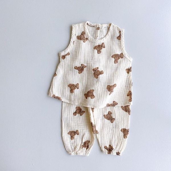 

clothing sets toddler baby boy girl summer clothes set fashion cartoon bear pattern cotton sleeveless + kid casual loose pant 2pcs, White