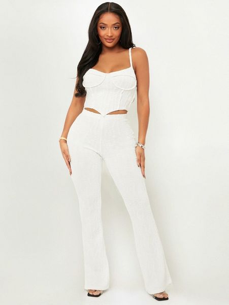 

sxy solid asymmetrical hem crop cami & pants f9vm#, White
