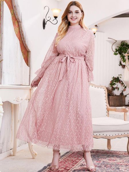 Vestido largo elegante de encaje rosa dulce de talla grande cuello mandarín manga acampanada Maxi vestidos fiesta de noche primavera 2021 Casual