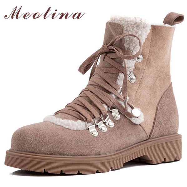 Stivali da neve Donna Vera pelle Piattaforma piatta Scarpe stringate alla caviglia Pelle scamosciata di mucca Donna Corto inverno Taglia grande 42 210517