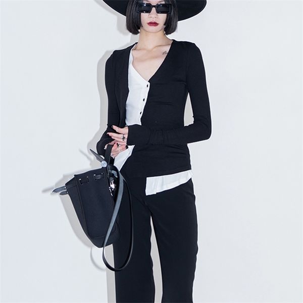 Moda Falso de duas peças de malha Cardigan Feminina Apertado Black Fino Camisa Verão Slim V-Pescoço Vestuário 210520