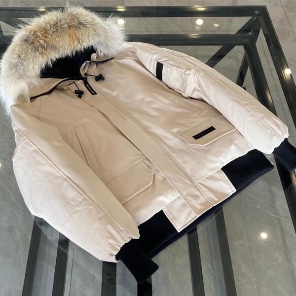 

men bomber down jacket wolf fur parkas zipper pockets warm outwear designer women buttons ruff winter coat white, Black
