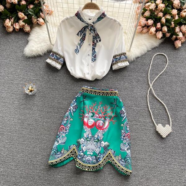 

two piece dress ladies temperament suit female summer short-sleeved shirt design sense niche print wave skirt two-piece, White