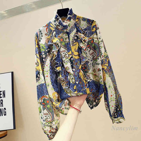 

blouses autumn retro stand-up collar pleated ruffled floral chiffon shirt women's long sleeve blouse, White