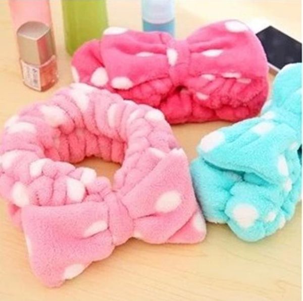 

women elastic hair coral velvet big bow polka dot stripe headbands bath wash face makeup and beauty shower headband, Slivery;white