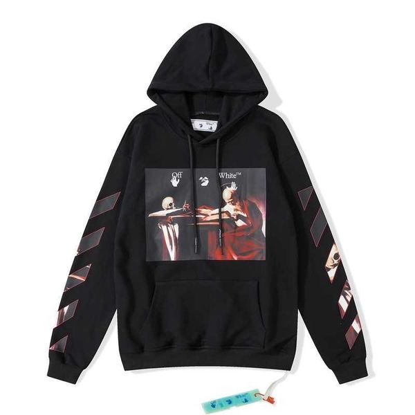 

off new religious skeleton oil painting white arrow print ow loose sweater for men and women, Black