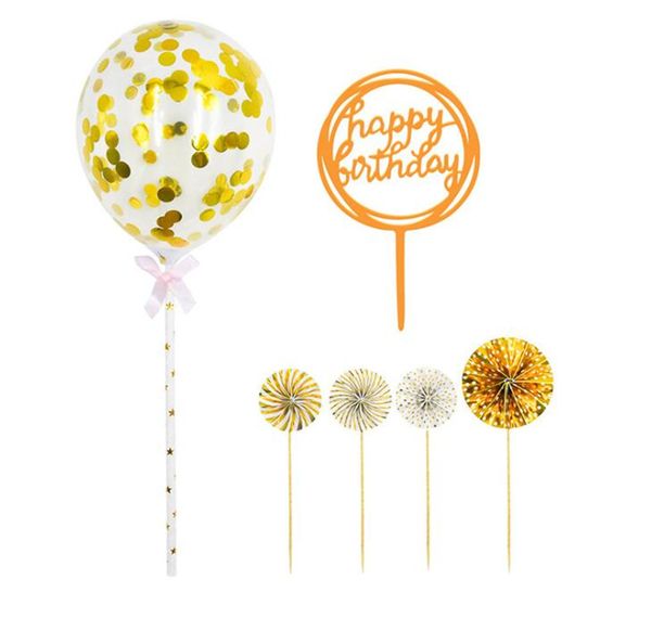 Happy Birthday Cake Toppers decorazione Ventagli di carta Topper per cupcake in acrilico Set di decorazioni per palloncini di coriandoli