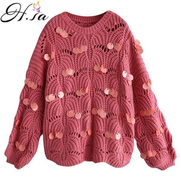 

h.sa women korean style sequin sweater and pullovers long sleeve oversized knitted jumpers hollow out fall jumper pullovers 210716, White;black