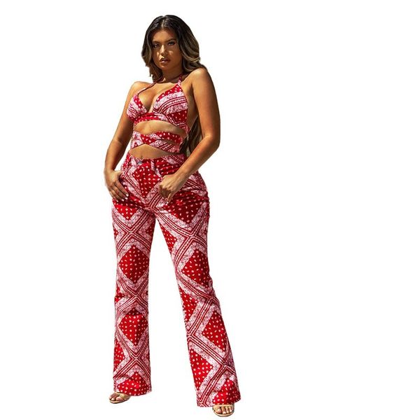 

bandana cut out bra two pieces set fashion printed bandage crop and wide leg pants summer spring laides clothing 2021ing, Black;white