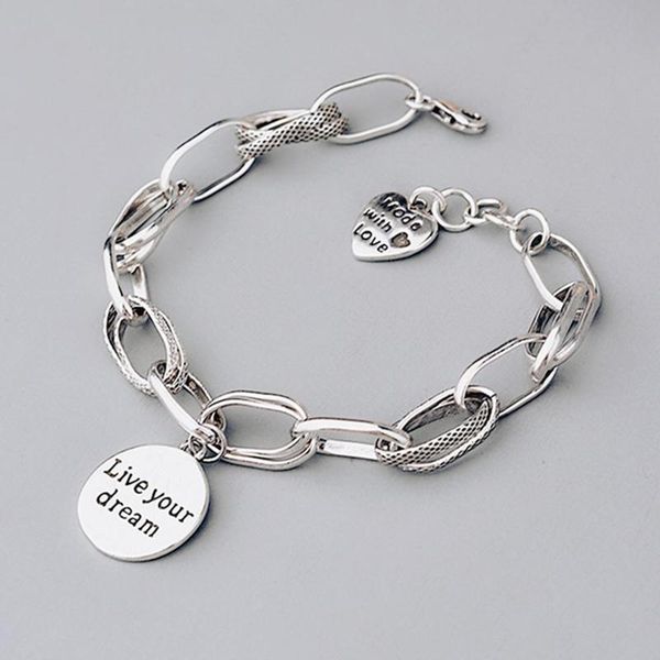 

link, chain charm vintage silver color bracelets bangles for women love letter pendant thick chunky bracelet boho jewelry gifts, Black
