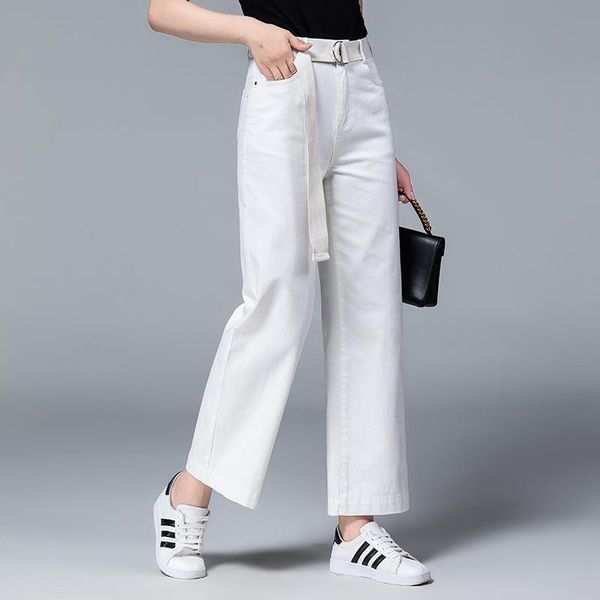 

female summer fashion high waist white straight jeans large size loose casual trousers denim wide leg pants women's, Blue