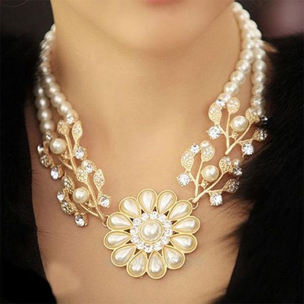 

pendant necklaces fashion elegant pearl crystal necklace flower bib choker, Silver