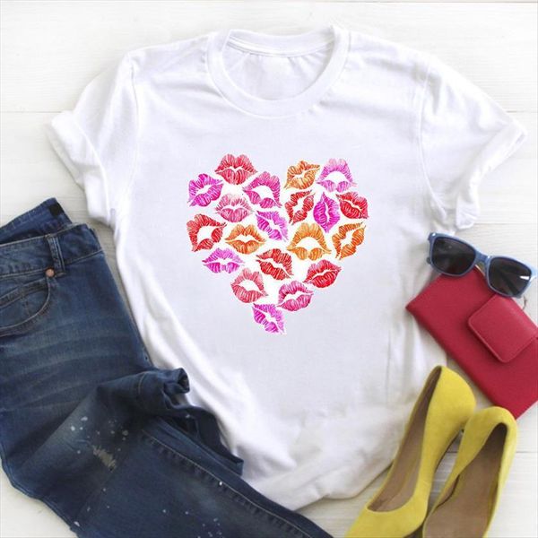

cartoon lip love heart women print short sleeve summer tee female clothes womens graphic, White