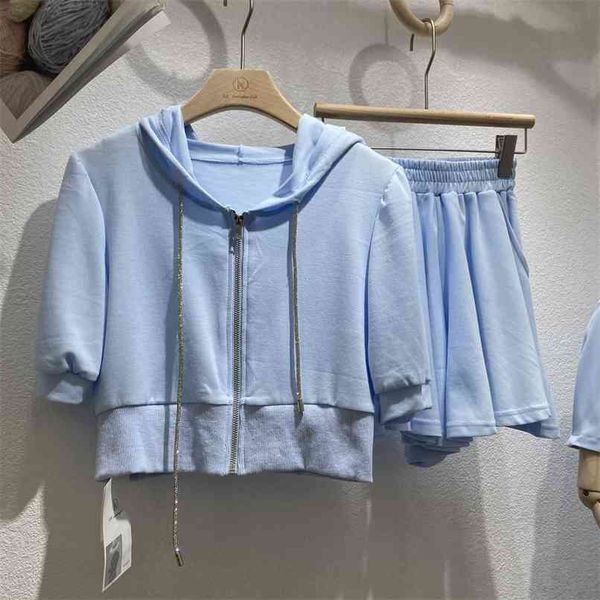 

women casual two pice set hoodies solid short sleeve zipper cropped and wide leg shorts suits female tracksuits 210602, White