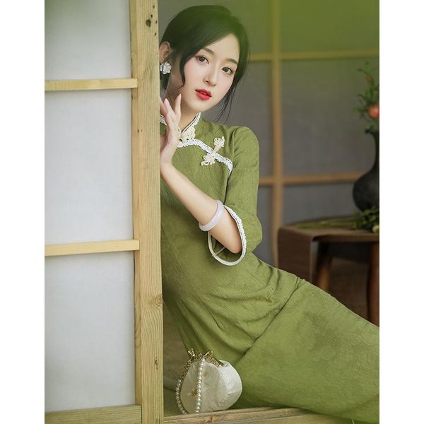 

ethnic clothing retro button mandarin collar chinese dress women dobby oriental cheongsams lace patchwork qipao elegant cotton banquet, Red