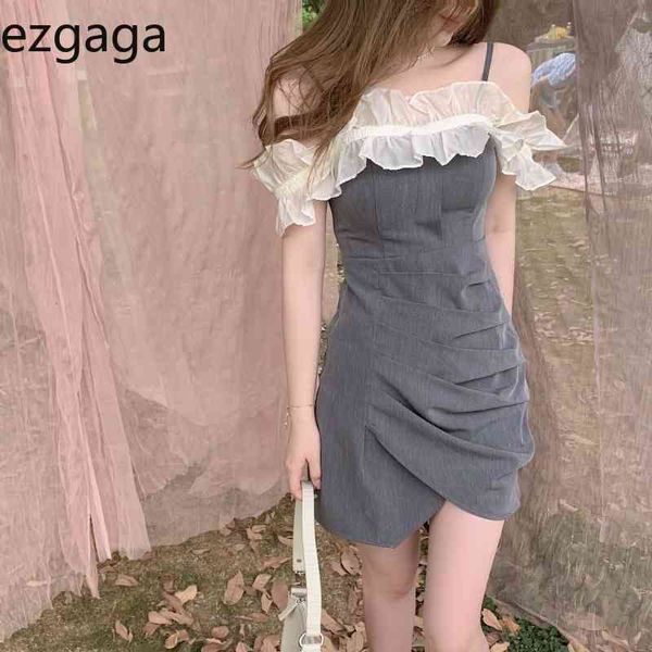 

ezgaga summer new mini dress women short sleeve off shoulder ruffles mesh patchwork bodycon lady korean fashion dress 210430, Black;gray