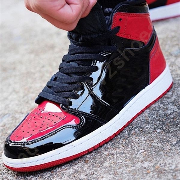 

classical 1s high og bred patent leather shoes men basketball red black jumpman 1 sneakers rubber sole sports trainers size 40-46