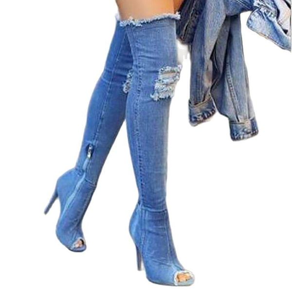 

boots shoes for 2021 women autumn winter modern jeans design over-knee fish mouth stiletto high heels lady plus size 43, Black