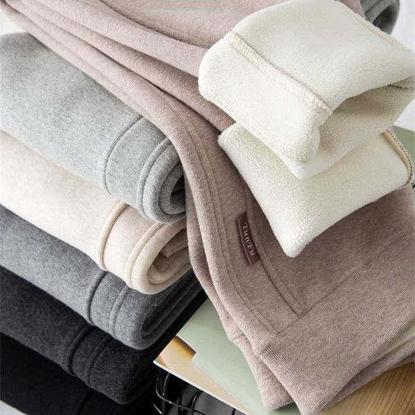 

winter thicken plush leggings women pure cotton skinny pants female high waist outer wear warm lamb wool elastic trousers 210930, Black