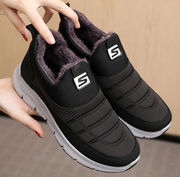 

boots snow women shoes warm plush ankle winter female slip on flat casual waterproof sneakers, Black