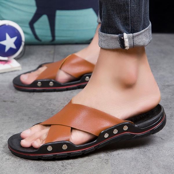 

sandals 2021 solid leather flip flops men comfortable cross open toe summer rome flop chinelo masculino beach slipper, Black