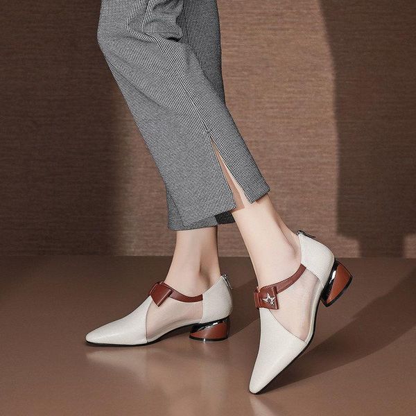 

dress shoes microfiber leather mesh single shoe woman,pointed toe, women mid heels, office lady work shoes,2021 female footware,black,beige