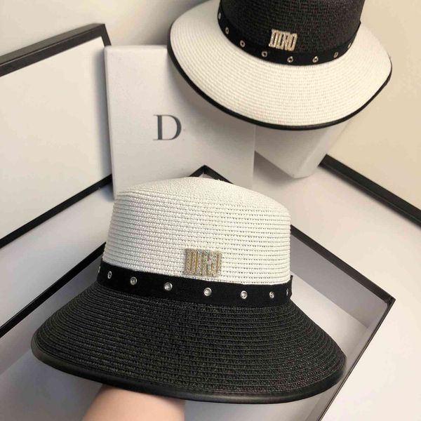 

designer new summer simple versatile black and white straw basin hat outdoor travel big eaves anti ultraviolet sunshade hat, Black;white