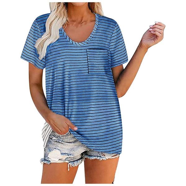 

women's blouses & shirts stripe for ladies plus size 2021 womens summer fasion short sleeve v-neck striped print casual ropa de mu, White