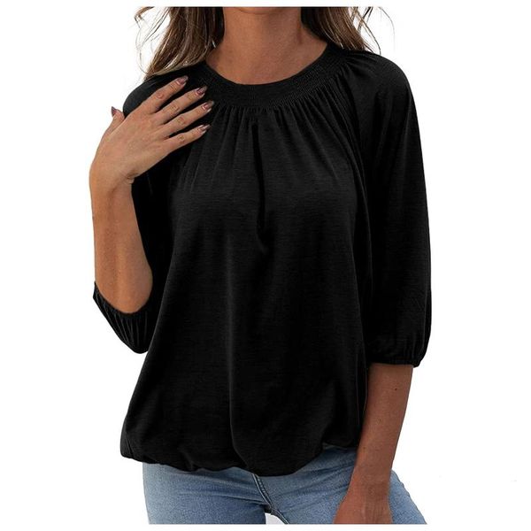 

women's blouses & shirts fashion women solid color o-neck t-shirt middle sleeve casual loose femme womens and 2021 feminine, White
