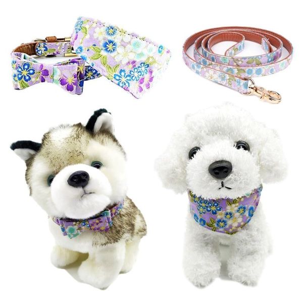 

dog collars & leashes pet cat collar bandana leather flower bowknot neck strap bib scarf rope for small chihuahua lovely cute purple