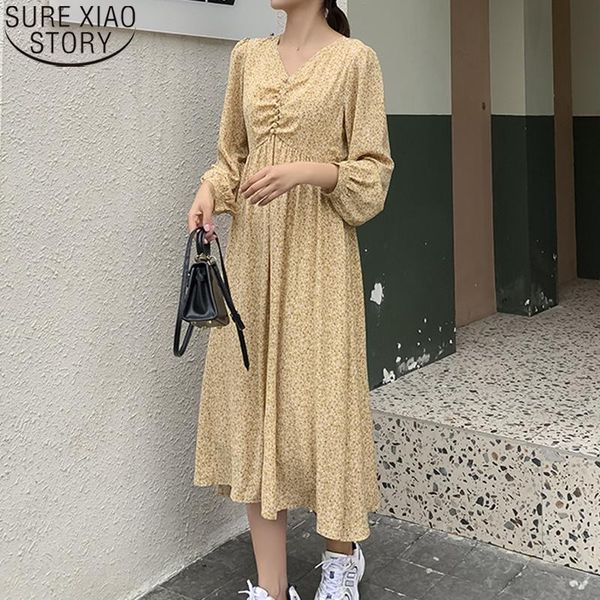 

casual dresses floral chiffon dress temperament v-neck yellow women korean high waist a-line vestido feminino 12749, Black;gray