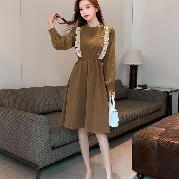

casual dresses spring women dress sweet maid style long sleeve ladies ruffles buttons elegant knee-length, Black;gray