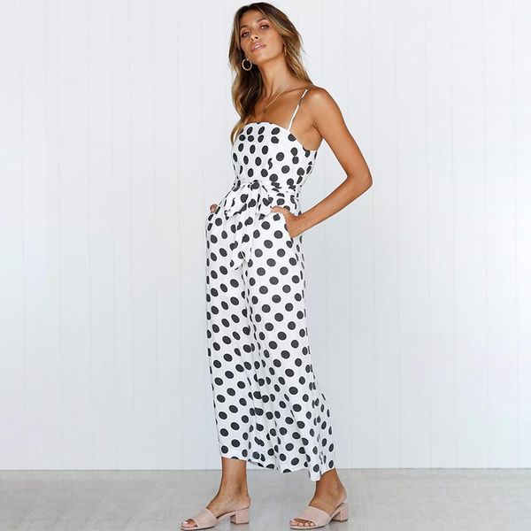 

women's jumpsuits & rompers sleeveless strapless sling jumpsuit women loose casual thin section polka dot wide feet nine points female, Black;white