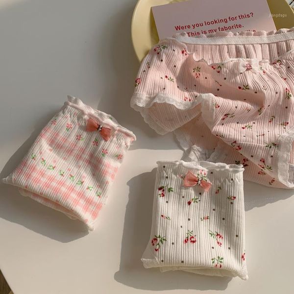 

women's panties japanese and korean broken flowers comfortable cotton bow cute girl sketched triangle pants, Black;pink